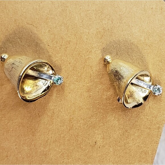 Gold tone bell earnings with rhinestone, pierced - Picture 2 of 3